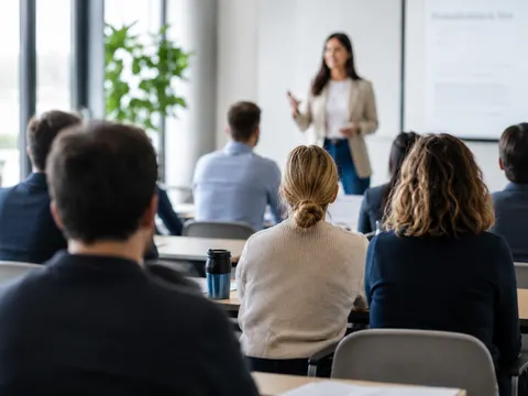 Eine Dozentin unterrichtet ein Seminar, das Publikum hört aufmerksam zu.