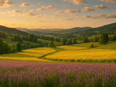 Landschaft mit Bergen und Feldern