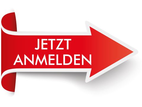 Roter Pfeil mit der Aufschrift Jetzt Anmelden