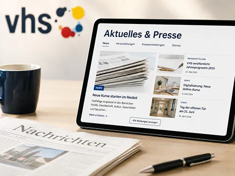 Aktuelles und Presse, inszeniert als Bild mit Laptop, Zeitungen, Tasse auf einem Schreibtisch, VHS-Logo an der Wand