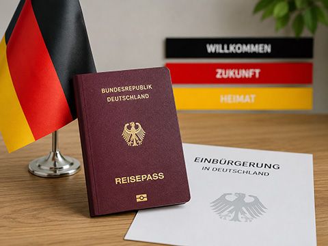 Thema Einbürgerung ist dargestellt mit deutscher Flagge, Reisepass und angedeutetem Formular