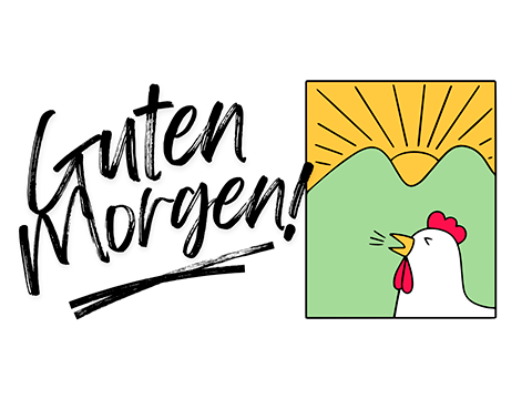 Grafik mit Schriftzug Guten Morgen und einem krähendem Hahn mit aufgehender Sonne im Hintergrund