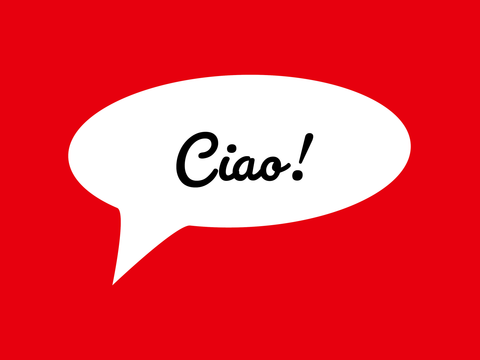 Postkarte auf der in einer Sprechblase Hallo in italienischer Sprache steht.