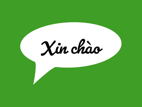 Postkarte auf der in einer Sprechblase Hallo in vietnamesicher Sprache steht.