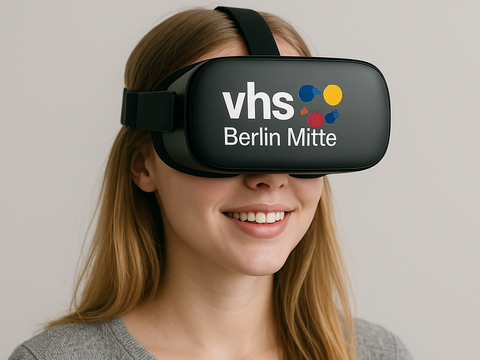 Junge Frau trägt eine Virtual-Reality-Brille, auf der das vhs-Logo steht.