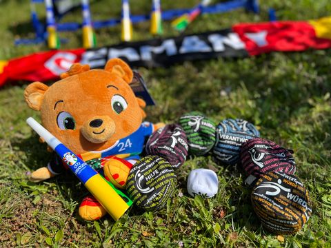 Plüsch-Maskottchen liegt auf einer Wiese.