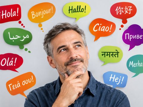 Mann umgeben von Sprechblasen mit Text in verschiedenen Sprachen