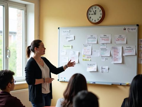 Geflüchtete im Deutschkurs, Klassenraum mit Kursleiterin
