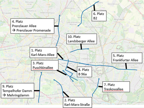 Top 10 Stauschwerpunkte in Berlin (Bild: SenMVKU / Kartengrundlage: OpenStreetMap)