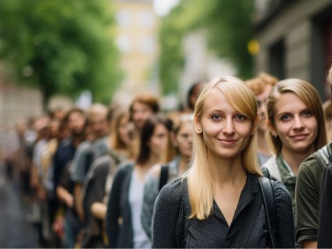 Auf dem Bild ist eine Schlange anstehender Menschen für eine Wohnungssuche zu sehen. Im Vordergrund ist eine blonde Frau zu erkennen. Im Hintergrund ist die Menschenschlange in der Unschärfe zu erkennen.