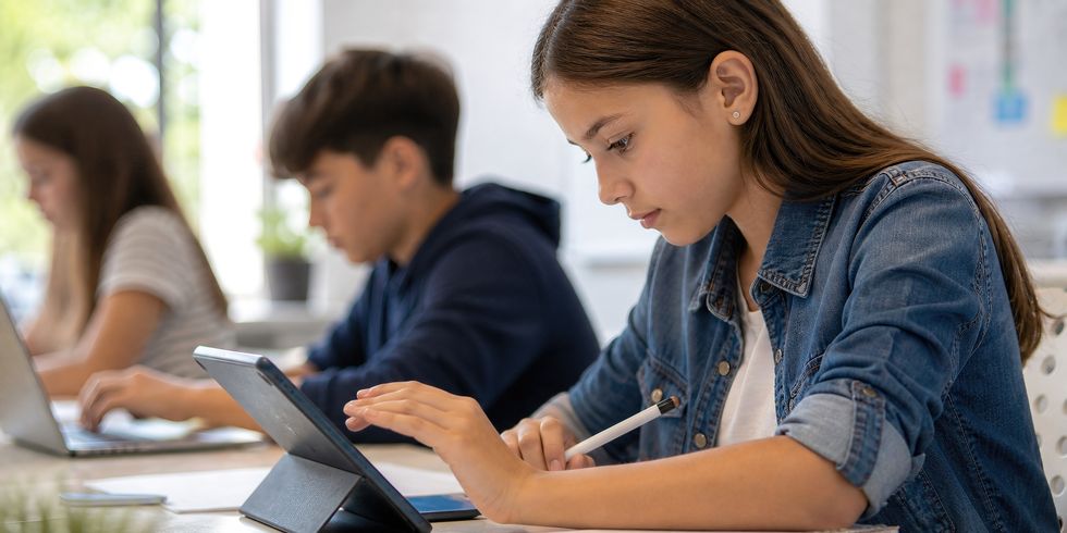 Schülerin sitzt im Klassenzimmer und arbeitet an einem Tablet