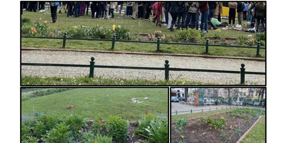 Übernutzung, Vermüllung und Zerstörung – der Savignyplatz am Donnerstag, 28. März 2022.