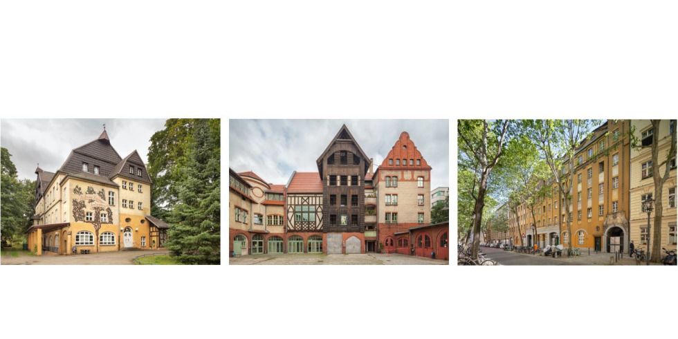Drei Gebäude von Rudolf Walter, die heute noch existieren: (v.l.) Waisenhaus der Stiftung Luisens Andenken an der Ulmenallee 50, die Feuerwache Alt-Lietzow und das Ledigenheim an der Danckelmannstraße 46-47.