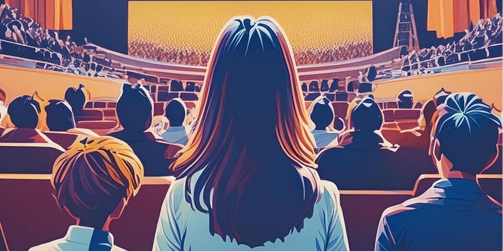 Poster für das Filmfestival Schulterblick: Jugendliche im Kinopublikum von hinten, auf die Leinwand schauend