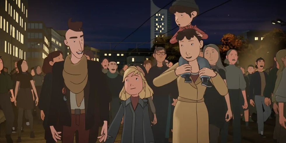 Bild aus der Animationsserie "Fritzi & Sophie - Grenzenlose Freundschaft": Eine Familie - Vater links, Tochter rechts neben ihm, dann die Mutter mit kleinem Sohn auf den Schultern