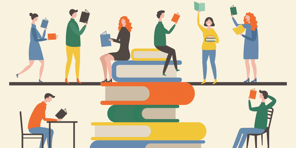 Bunte Illustration Menschen mit Büchern, stehend und sitzend