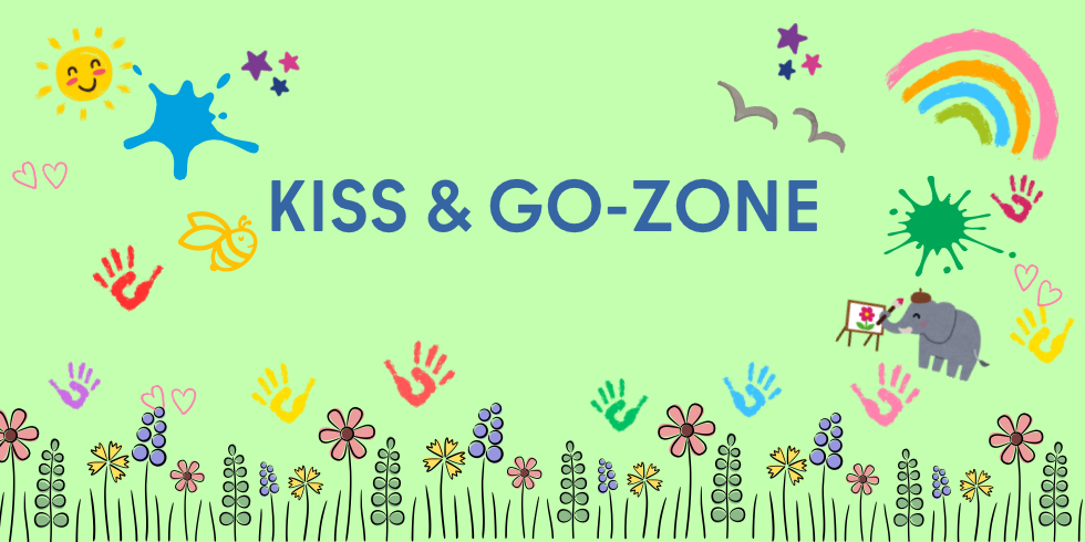 Grafik aus Blumen, Farbklecksen und dem Logo "Kiss & Go"-Zone