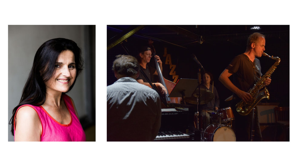 Porträt von Stella Maria Adorf und fotoaufnahme des Jazz-Quartetts beim Spiel