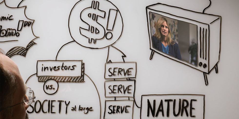 Bild aus dem Dokumentarfilm "Purpose": ein Whiteboard, mit Pfeilen verbundene Begriffe wie "investors", "society", ein Dollar-Zeichen, "serve", "nature". Schwarze schrift auf Weiß. Auf einem gezeichneten Fernseher ein bunter Fernsehausschnitt, zu sehen ist eine Frau.