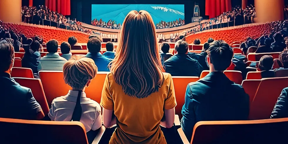 Poster fürs Schulterblick Filmfestival 2026, ki-generiert: Ein vollbesetzter Kinosaal, das junge Publikum ist von hinten zu sehen, mit Blick auf die Leinwand im Hintergrund.