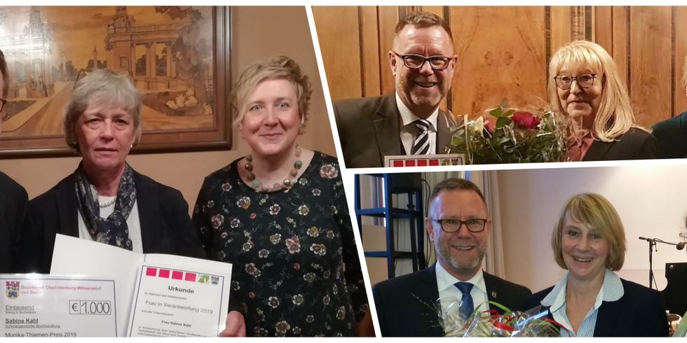 Der Bezirk sucht die „Frau in Verantwortung“ 2021. (v.l.: Kristina Feibig (2018), Katrin Lück, Reinhard Naumann, Carola Zarth (2017), Monika Thiemen, Reinhard Naumann, Sabine Kahl (2019)