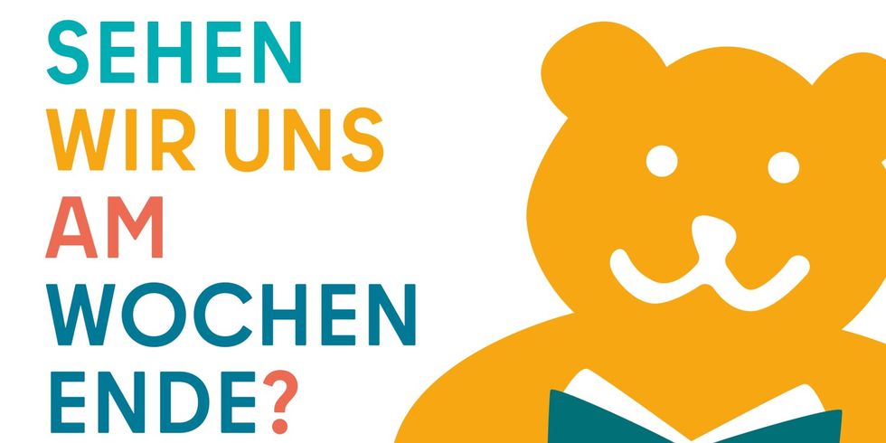 Werbemotiv für erweiterte Öffnungszeiten der Stadtbibliothek: Bär mit Buch und Text "Sehen wir uns am Wochenende?"