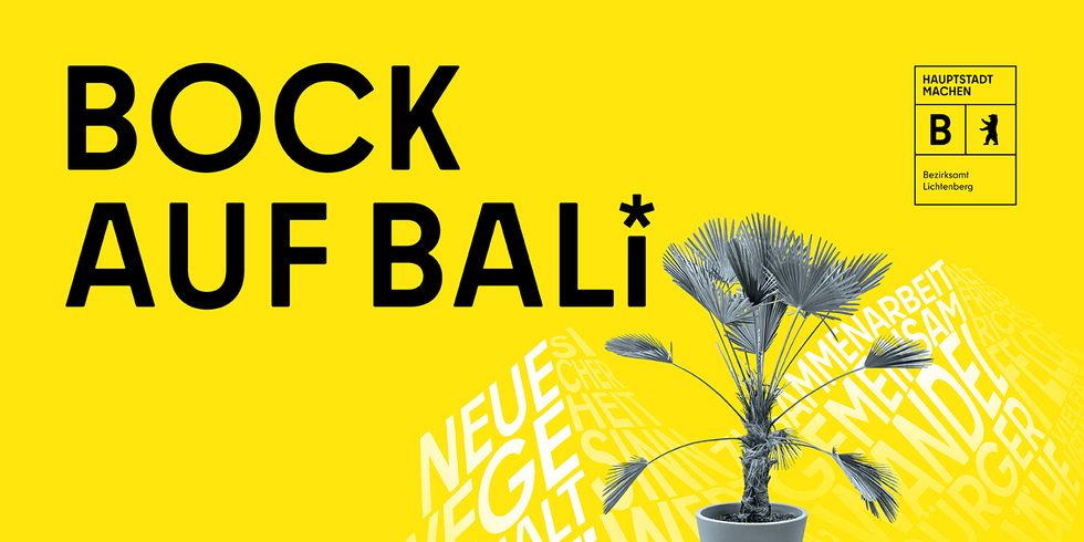 Illustration mit Schriftzug Bock auf Bali. Foto einer Topfpalme und Illustration eines Berges aus Worten