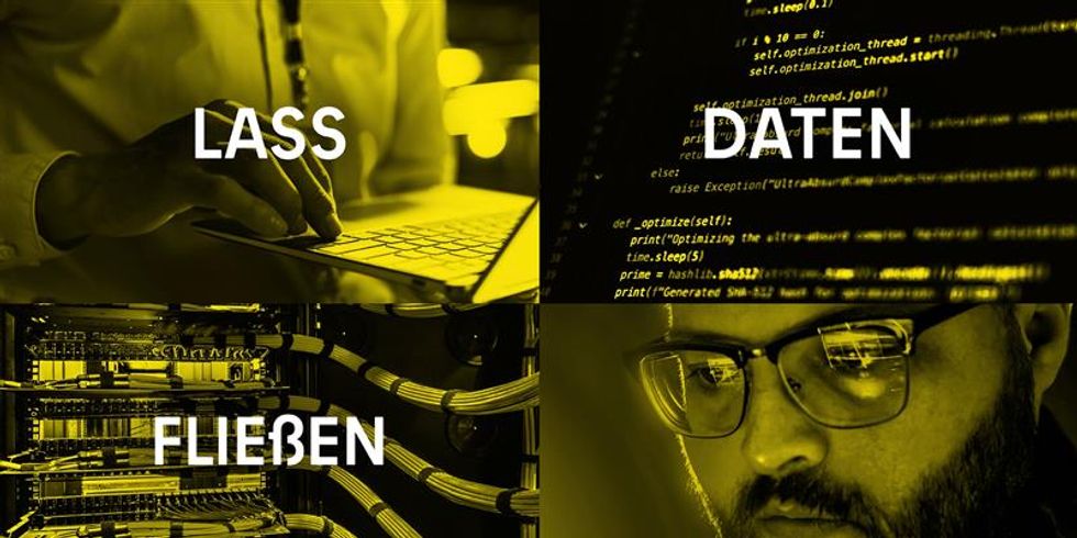 4 Bilder mit IT Bezug und den Wörtern Lass Daten fließen