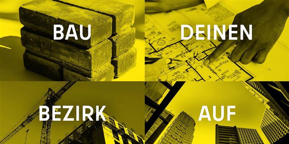 vier Bilder von Gebäuden mit den Wörtern Bau deinen Bezirk auf