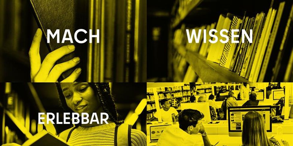 4 Bilder mit Bibliotheksbezug und den Worten Mach Wissen erlebbar