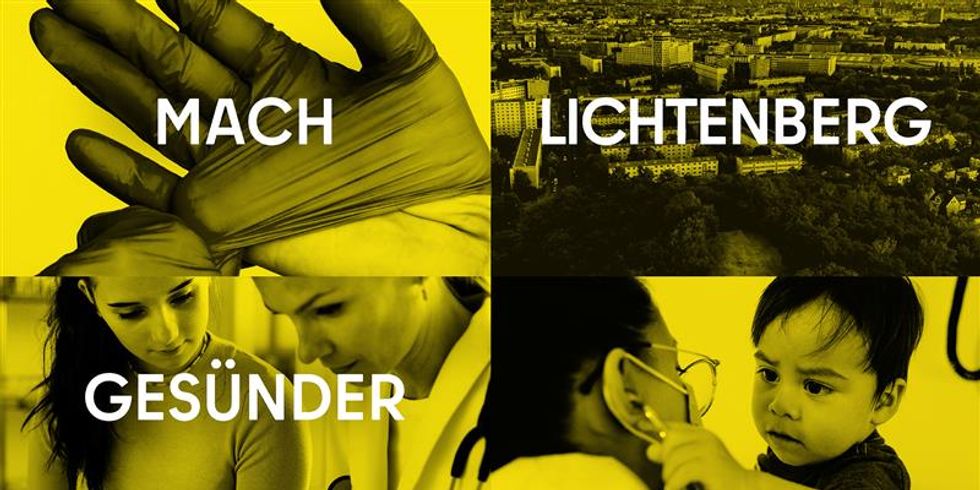 4 Bilder von Menschen, die mit Menschen agieren und Blick auf die Stadt, Wörter Mach Lichtenberg gesünder
