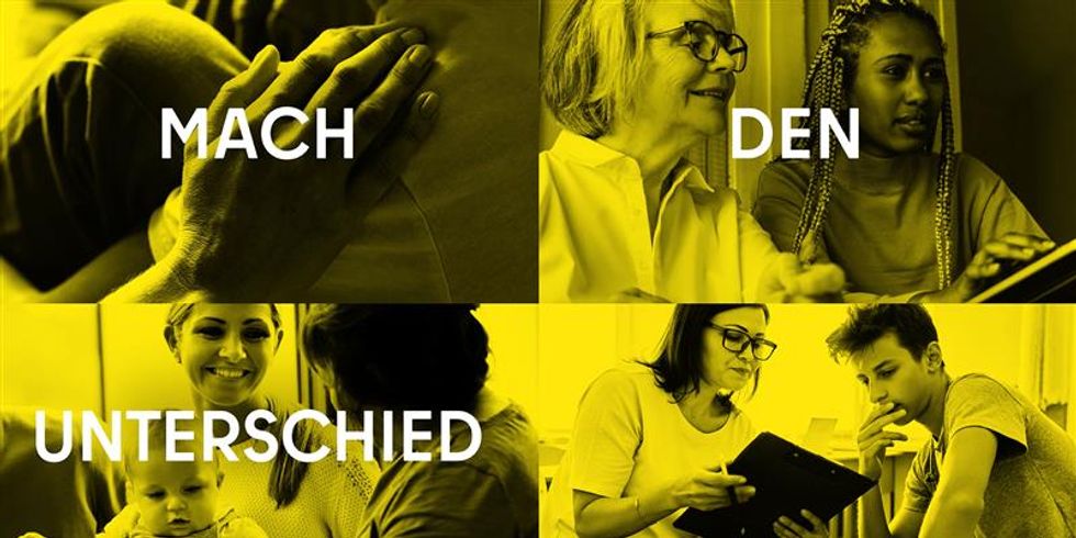4 Bilder mit Menschen in sozialen Berufen und den Worten Mach den Unterschied