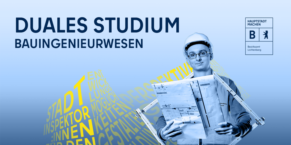 Junger Mann mit Zollstock und Bauplan, Illustration und Schriftzug Duales Studium Bauingenieurwesen