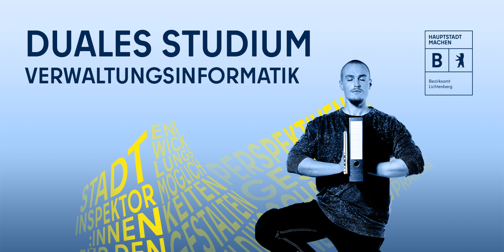 Junger Mann in Yogapose mit Ordner, Illustration und Schriftzug Duales Studium Verwaltungsinformatik