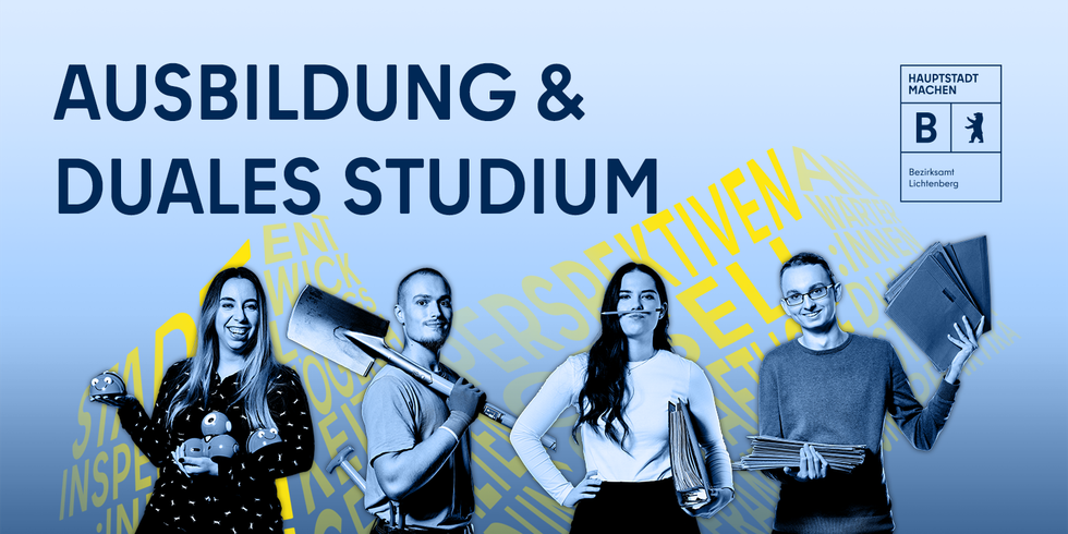 4 junge Menschen mit unterschiedlichen Gegenständen und Schriftzug Ausbildung & Duales Studium