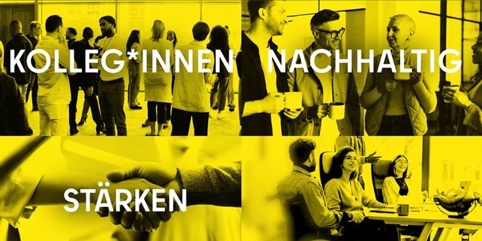 Bild mit unterschiedlichen Beschäftigtengruppen und Text Kolleg:innen nachhaltig stärken