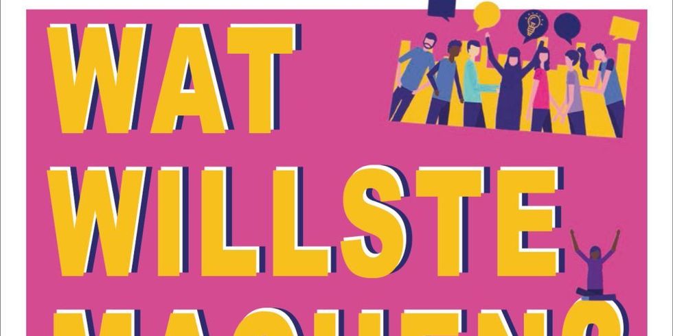 'Wat willste machen?' - Logo Stadtteilbudget Marzahn-Hellersdorf, gelbe Schrift auf pinkem Hintergrund mit Silhouetten von Menschen