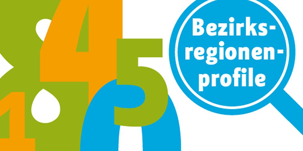 Buchstaben und Zahlen mit einer Lupe mit der Aufschrift: Bezirksregionenprofile