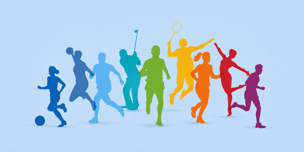 Bunte Silhouetten mehrerer Menschen bei verschiedenen Sportarten, darunter Fußball, Laufen, Golf und Badminton, vor einem hellblauen Hintergrund.