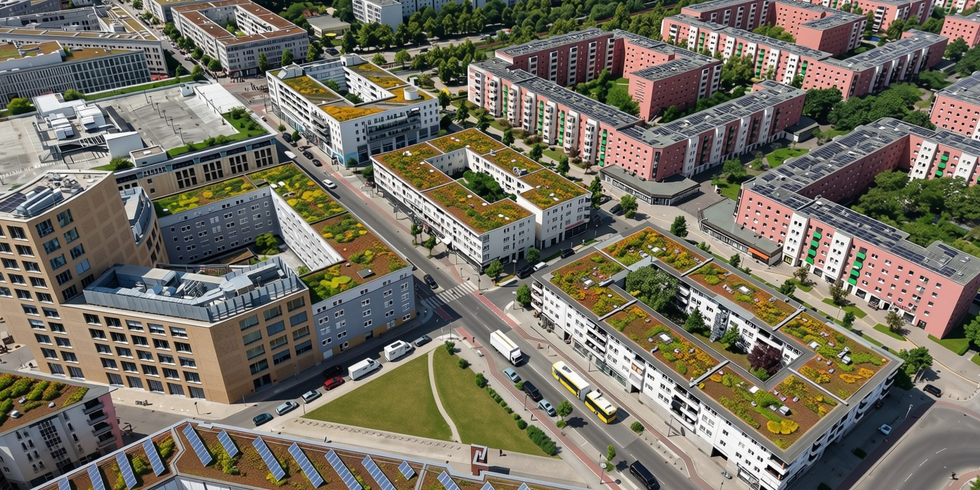 Helle Mitte von oben: Dachbegrünung und Photovoltaik-Anlagen