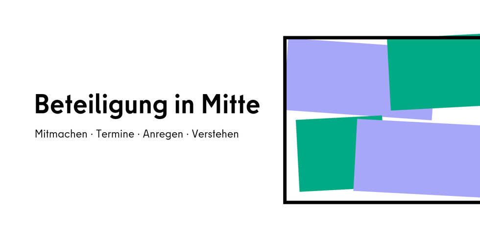 Schriftzug Beteiligung in Mitte neben Farbflächen in Flieder und Grün