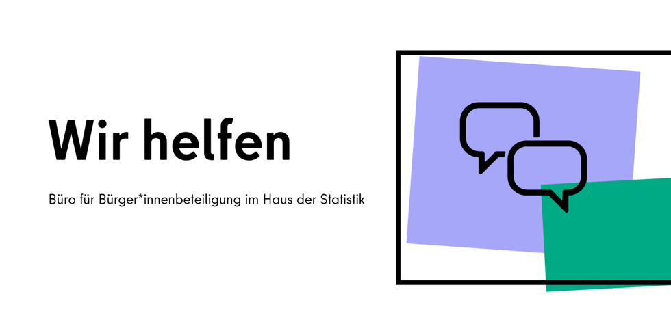 Schriftzug Wir helfen neben zwei Sprechblasen auf Farbflächen in Flieder und Grün.