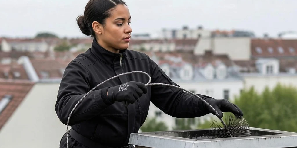 Schornsteinfegerin in schwarz gekleidet arbeitet an einem Schornstein über den Dächern Berlins (KI-generiertes Bild)