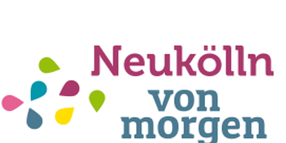 Logo "Neukölln von morgen"; linkes Drittel gefüllt mit verschieden farbigen Tropfen; Rest gefüllt mit dem Logo-Titel