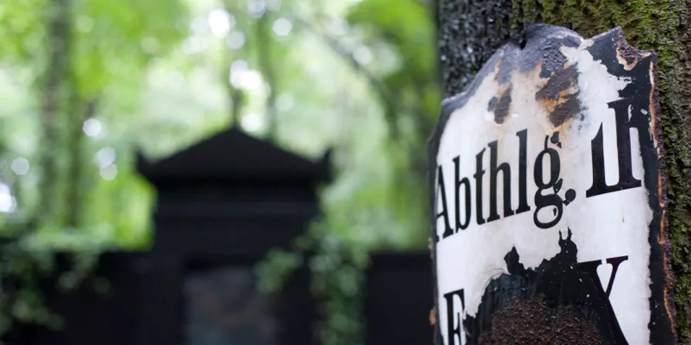 altes Abteilungsschild vor alter Grabstelle unscharfer Hintergrund