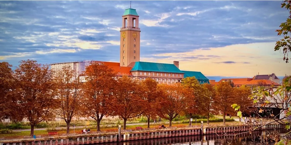 Rathaus Spandau mit Havel-Weg im Herbst