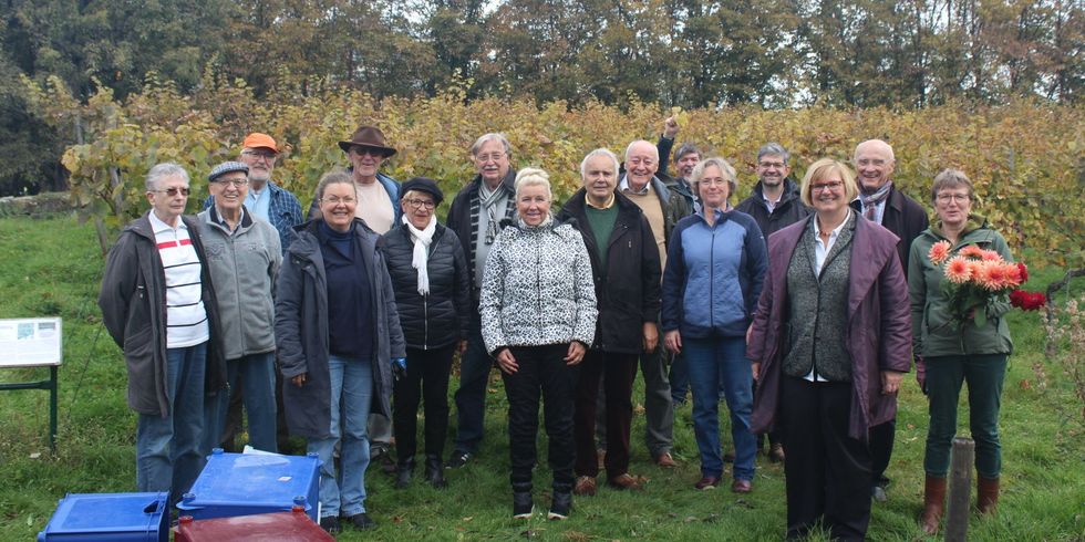 Eine Gruppe Menschen steht mit Abstand vor einem Weinberg.