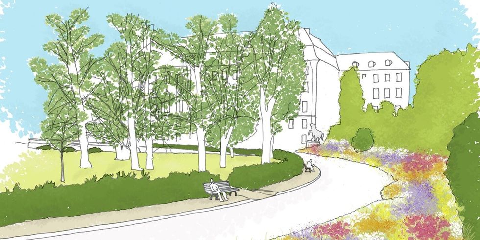 Eine bunte Grafik von einem Park mit Bäumen, Büschen und Blumen