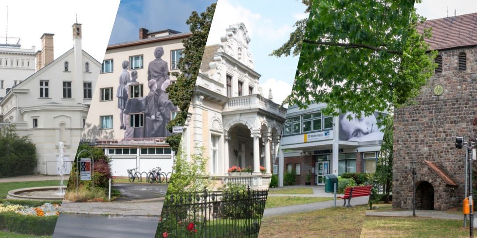 Collage aus mehren Bilden mit Gebäuden aus Marienfelde
