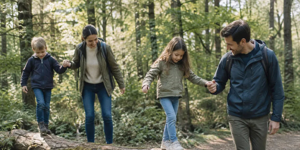 Zwei Erwachsene und zwei Kinder balancieren auf einem Baumstamm. Die Eltern halten die Kinder an den Händen.